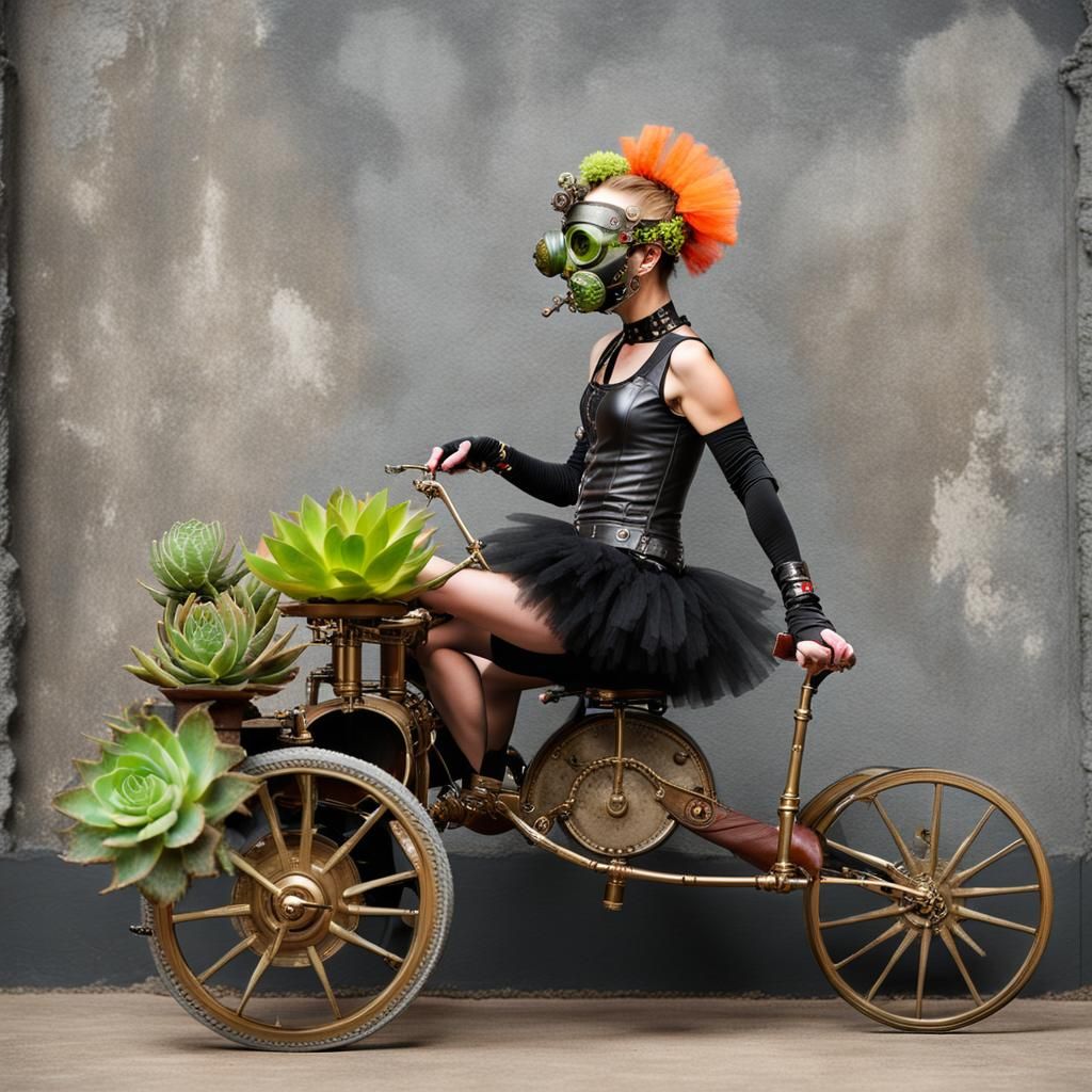 Steampunk Girl on Tricycle With Venus Flytrap Head