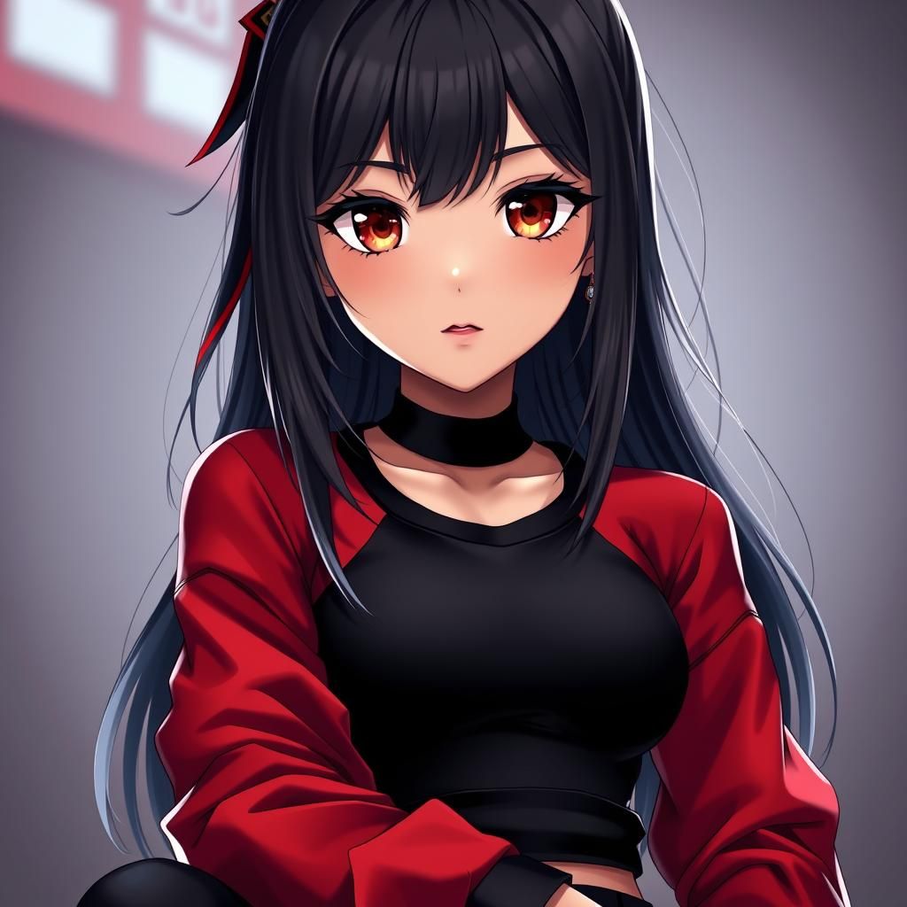 Anime Girl with Black Hair and Red Shirt, 8k Render