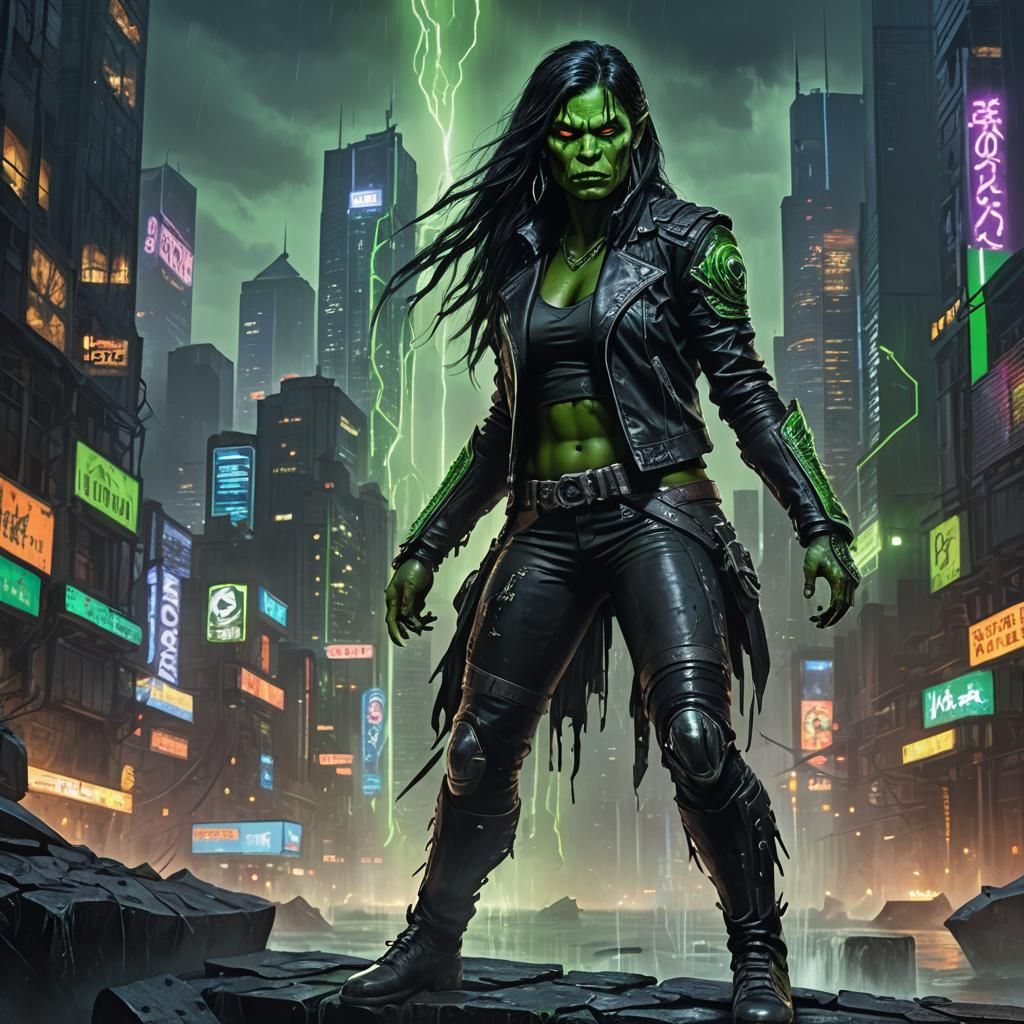 Cyberpunk Orc Warrior in Dystopian Metropolis