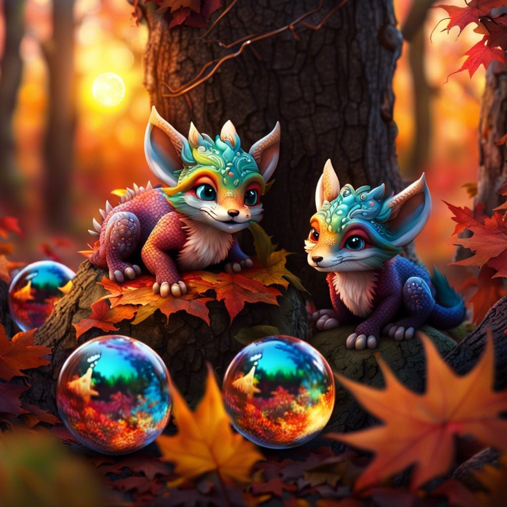 Baby Dragons and Foxes in Autumn Woods
