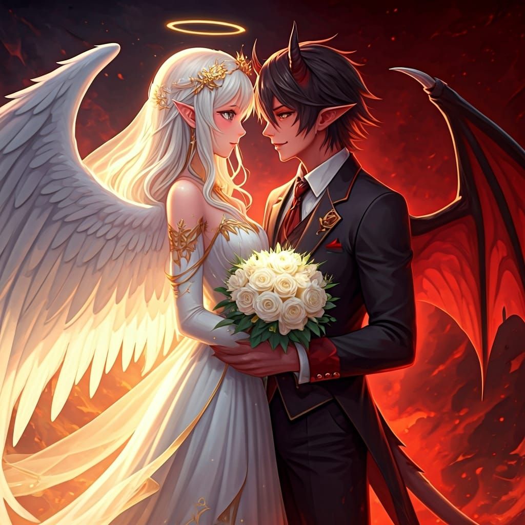 Anime Angel and Demon Wedding at the Gates