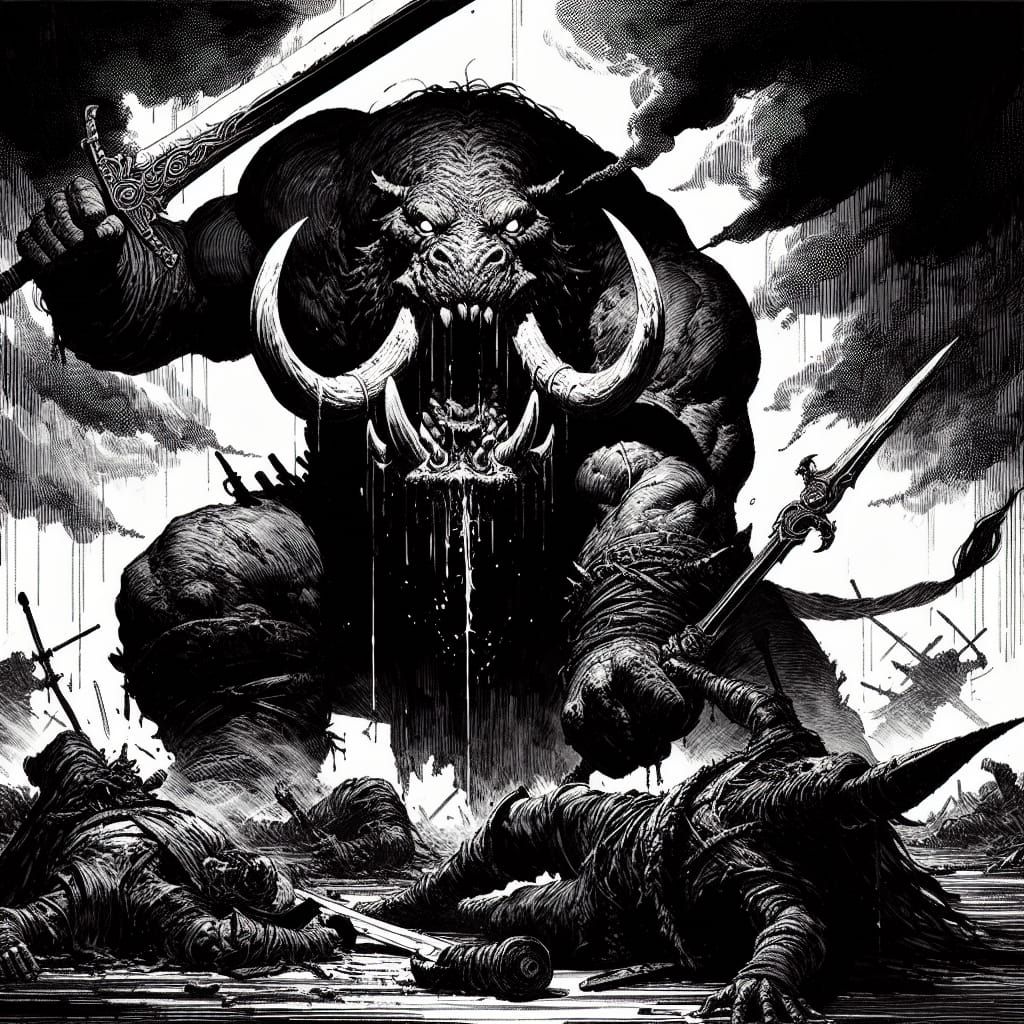 Enraged Hippo Sword Master in Dark Fantasy Battle