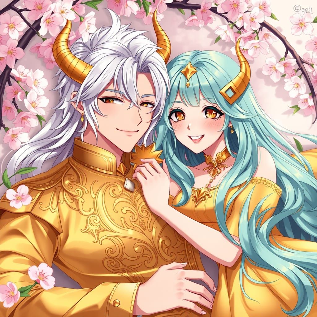 Golden Couple in Cherry Blossom Garden: Anime Style