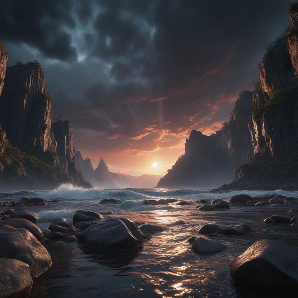 Exoplanet Landscape with Waterfalls and Spiral Clouds