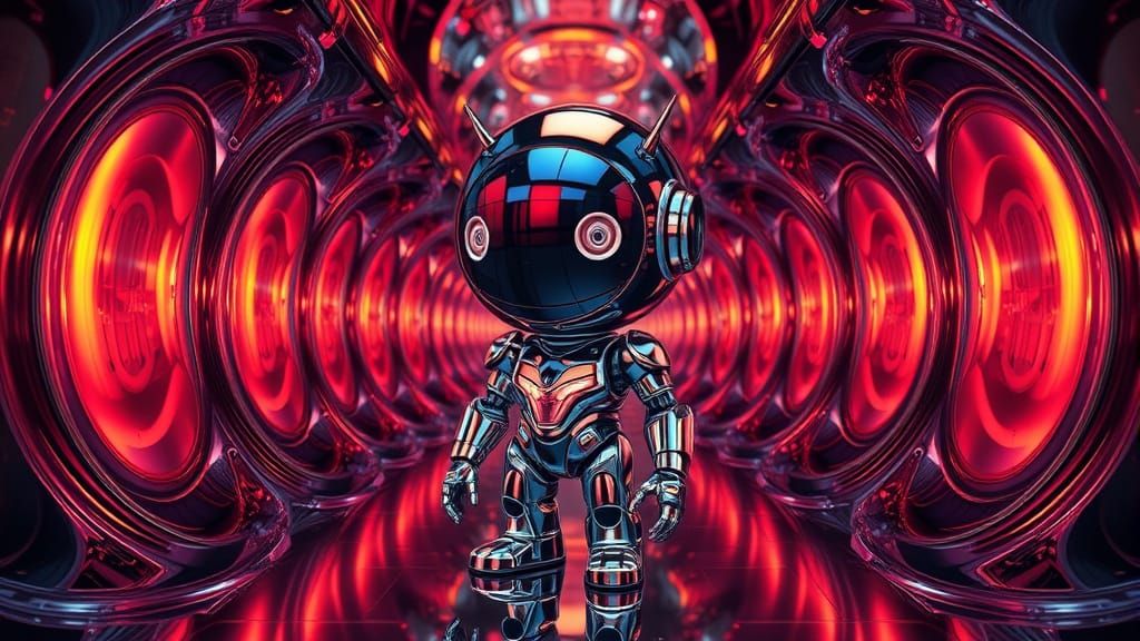 Chibi Android Robot in Vibrant Funhouse Mirror Maze