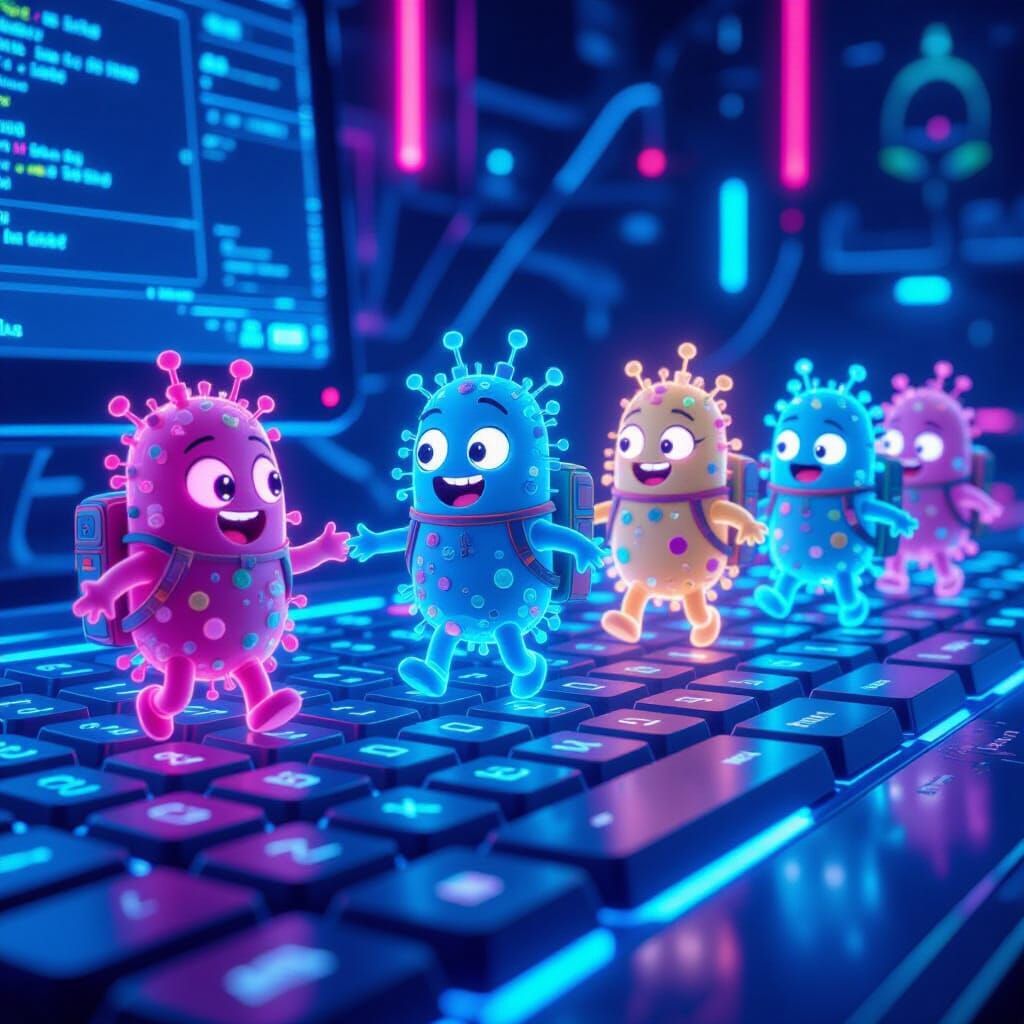 Goofy Bacteria Trek Across Futuristic Keyboard