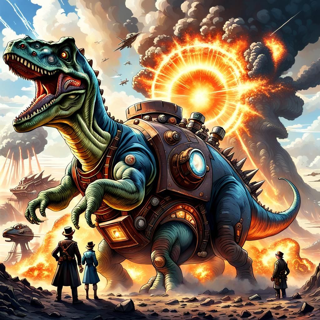 Dinosaurs Witness Nuclear Explosion at Steampunk Portal