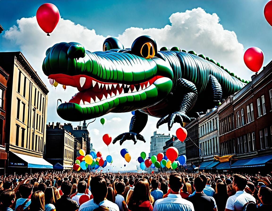 Fantastical Crocodile Balloon Floats Over City Parade