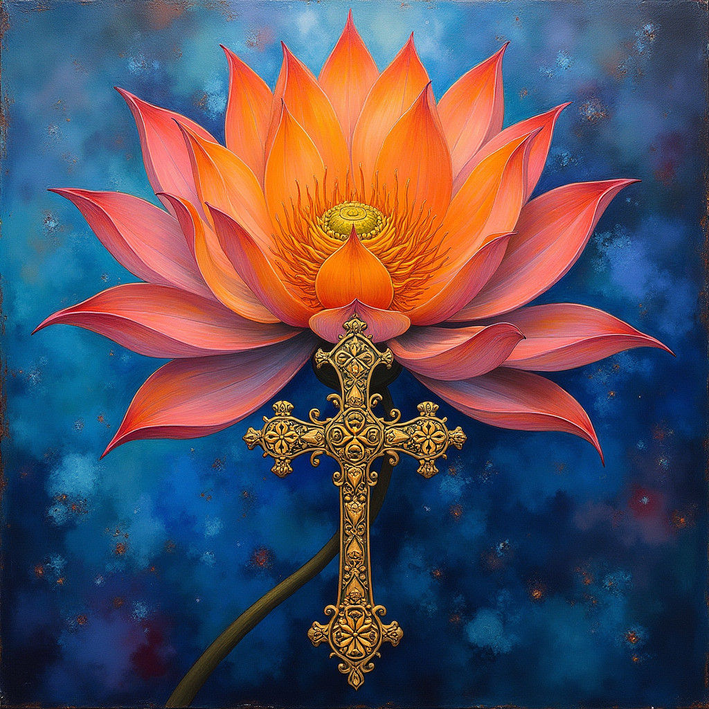 Ornate Cross of Lorraine Amidst Vibrant Lotus Bloom