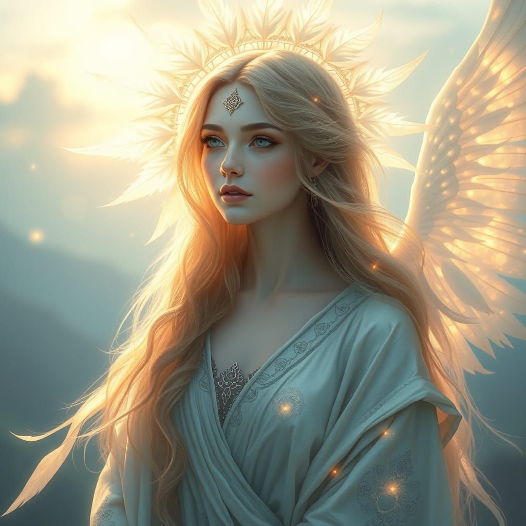 Mystical Lady Shines with Soft Feathers and Ethereal Glow