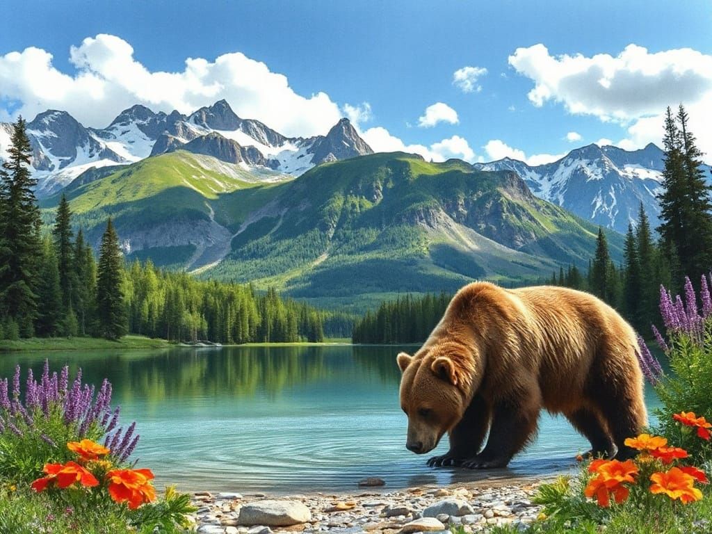 Brown Bear Drinks from Lake in Watercolor Landscape