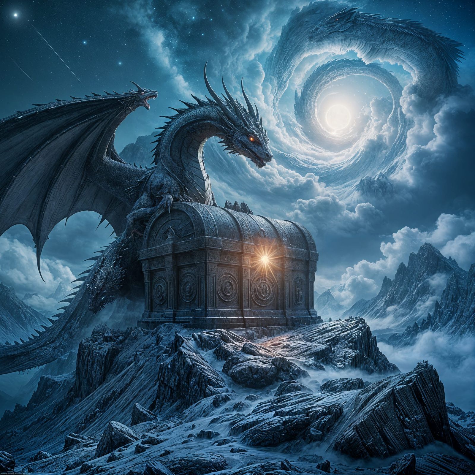 Obsidian Dragon Guarding Treasure: Long Exposure Film