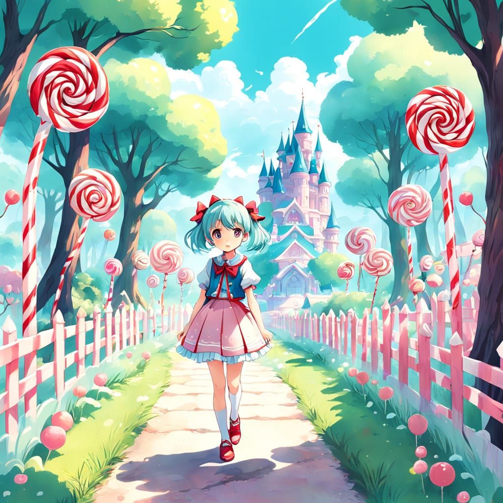 Elegant Baroness Rules Whimsical Candy Land in Vibrant Anime...
