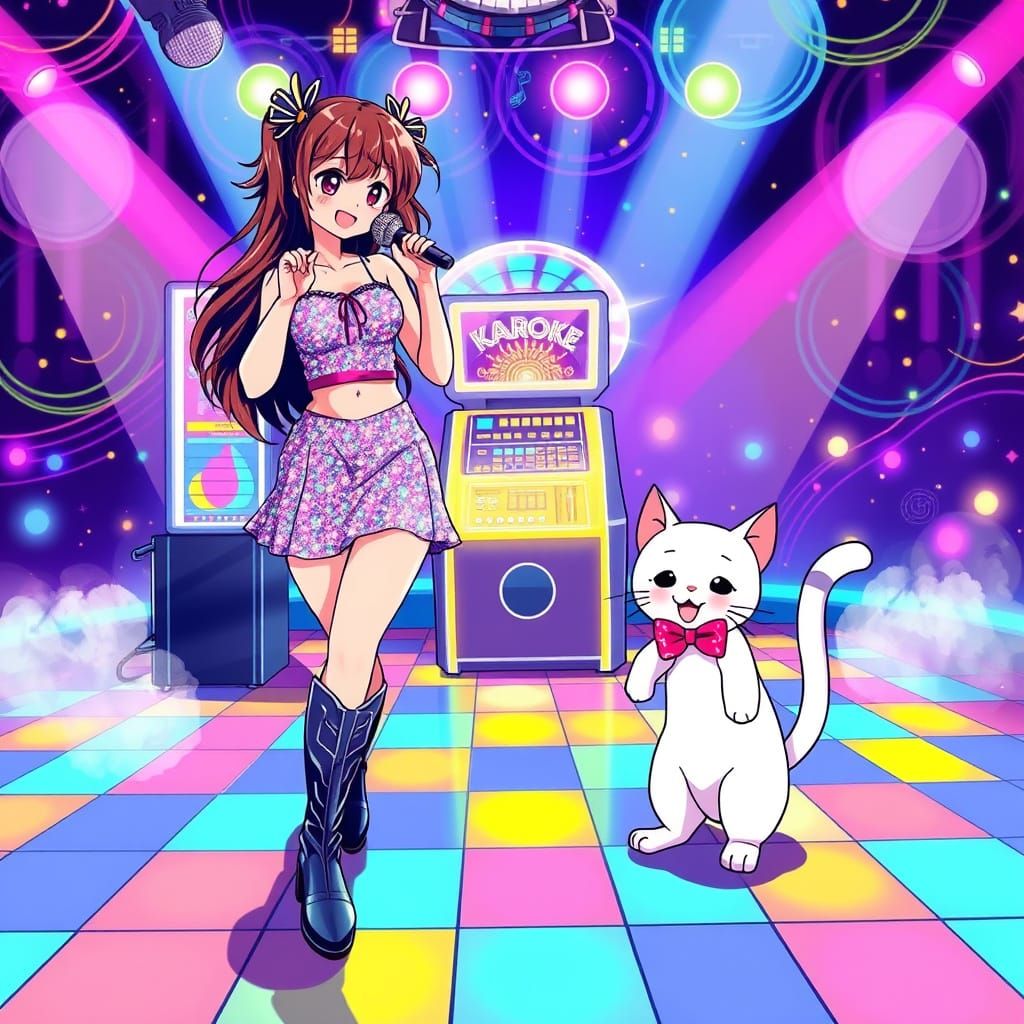 Kawaii Karaoke Disco Queen with Feline Friend