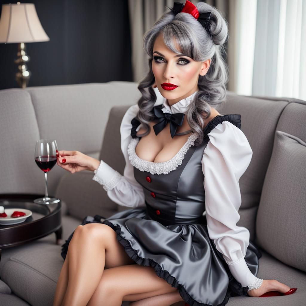 Elegant Woman with Grey Hair in French Maid Outfit