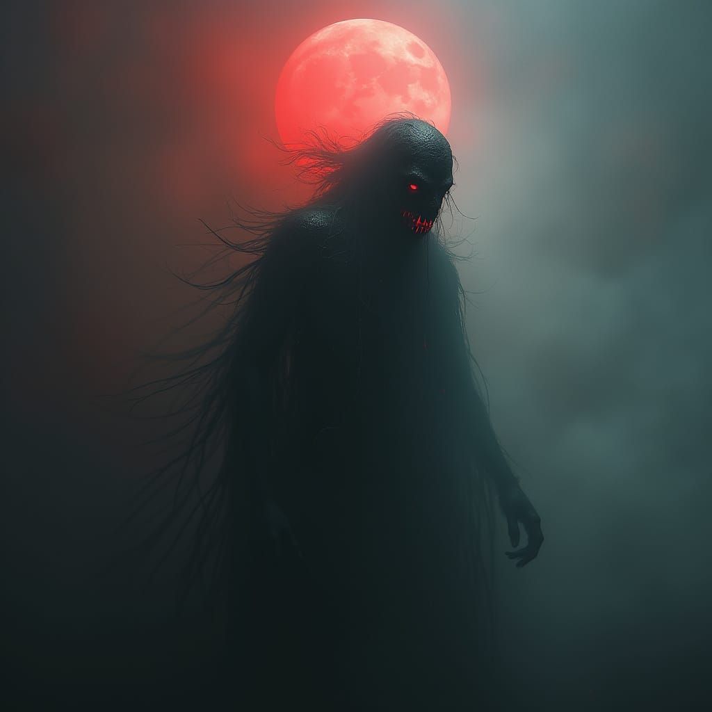 Ethereal Dark Keeper Under Red Moon: Gothic Surrealism