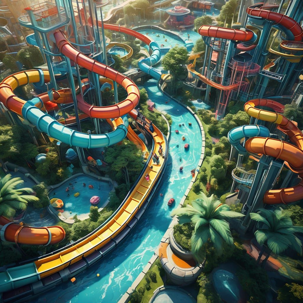 Kidcore Futuristic Waterpark in Pastel Watercolor Style