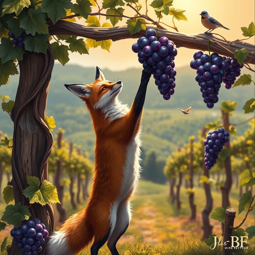Fox in Mediterranean Vineyard, Reaching for Elusive Grapes