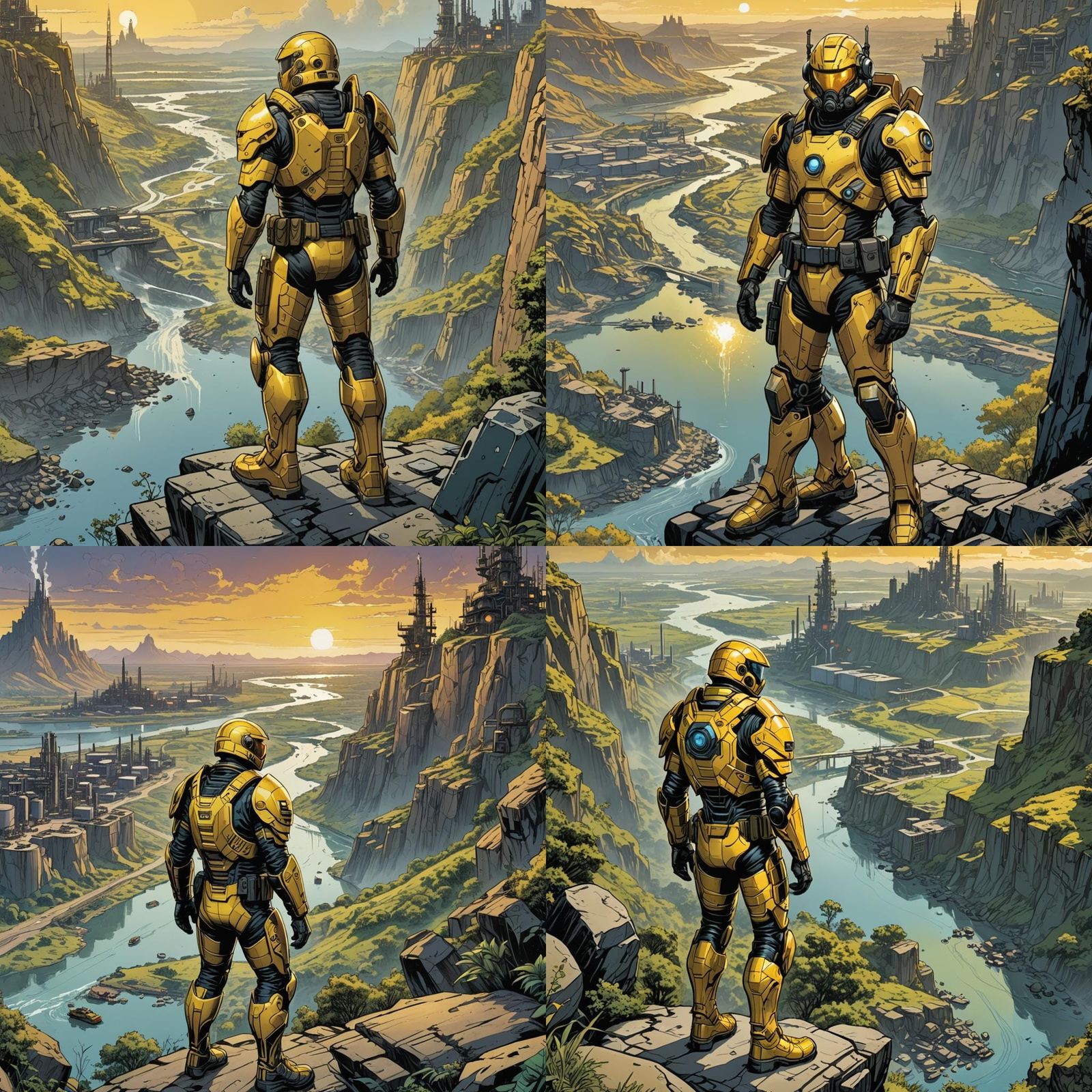Sci-Fi Armored Man Overlooking River Refinery
