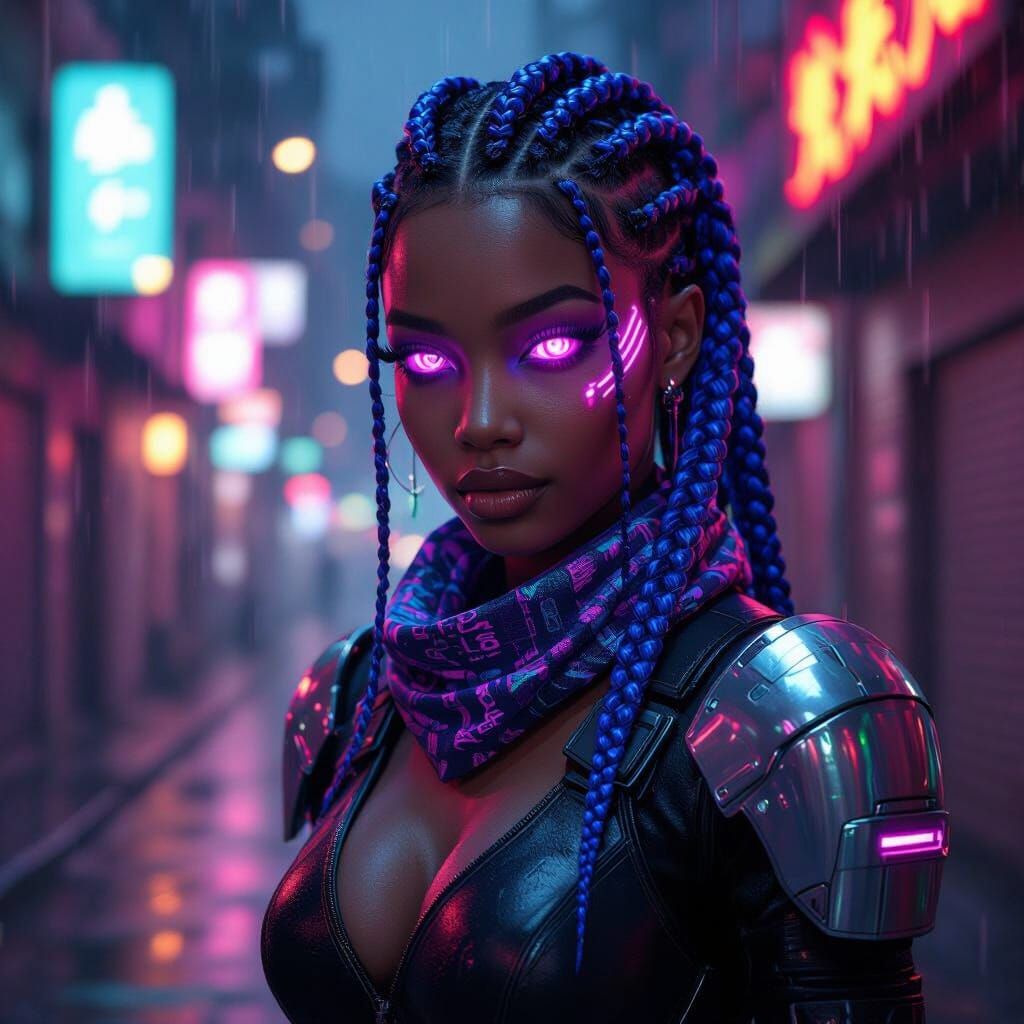 Cyberpunk Portrait: Neon Braids and Cybernetic Eyes