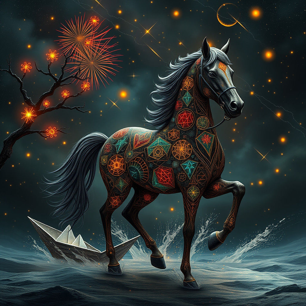 Hyperrealistic Christmas Horse in Synthwave Klimt Style