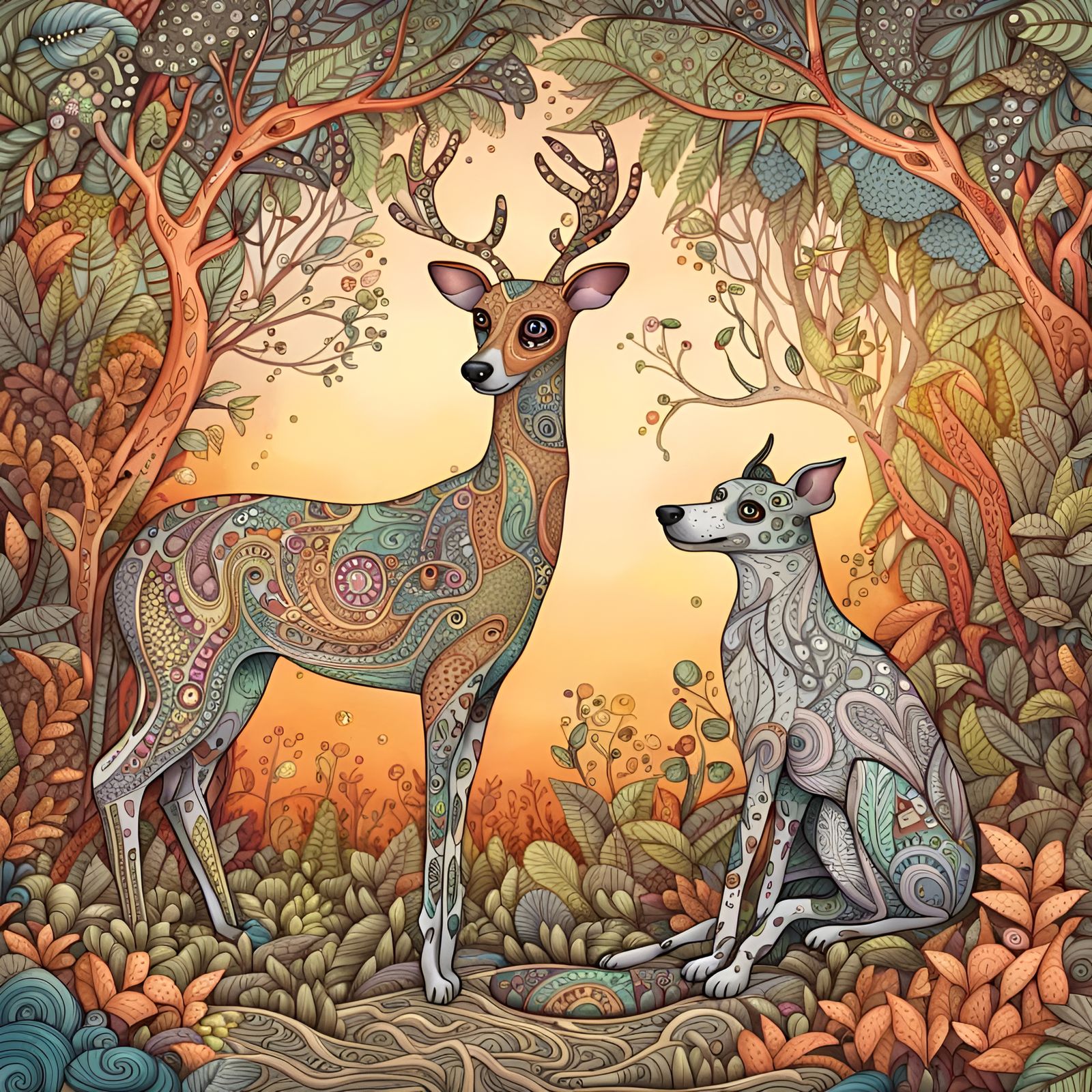 Zentangle Illustration of Deer and Greyhound in Forest