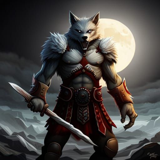 Bloody White Werewolf with Obsidian Sword, Dark Fantasy