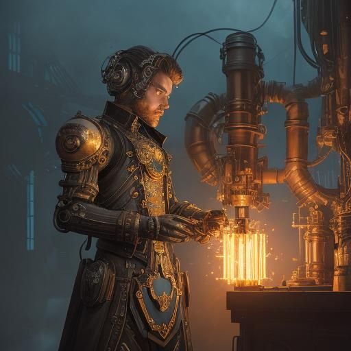 Steampunk Robot Amidst Computer Machinery