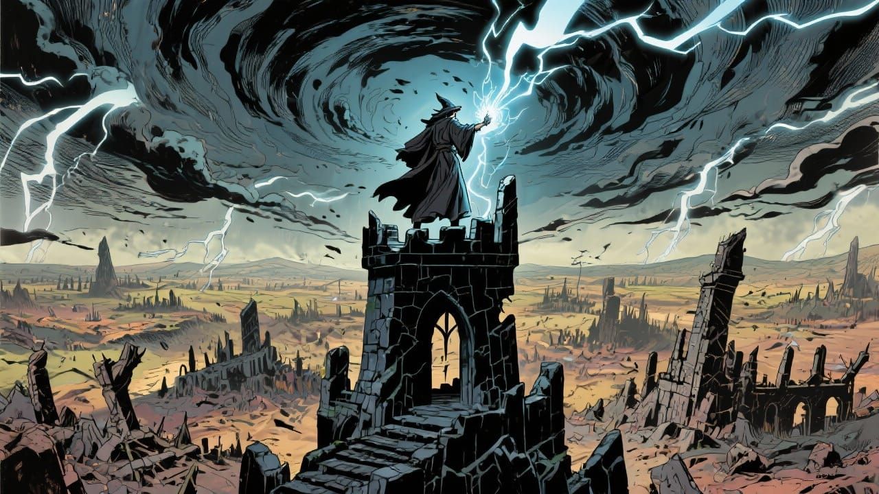 Wizard Conjuring Storm Above War-Torn Fantasy Landscape