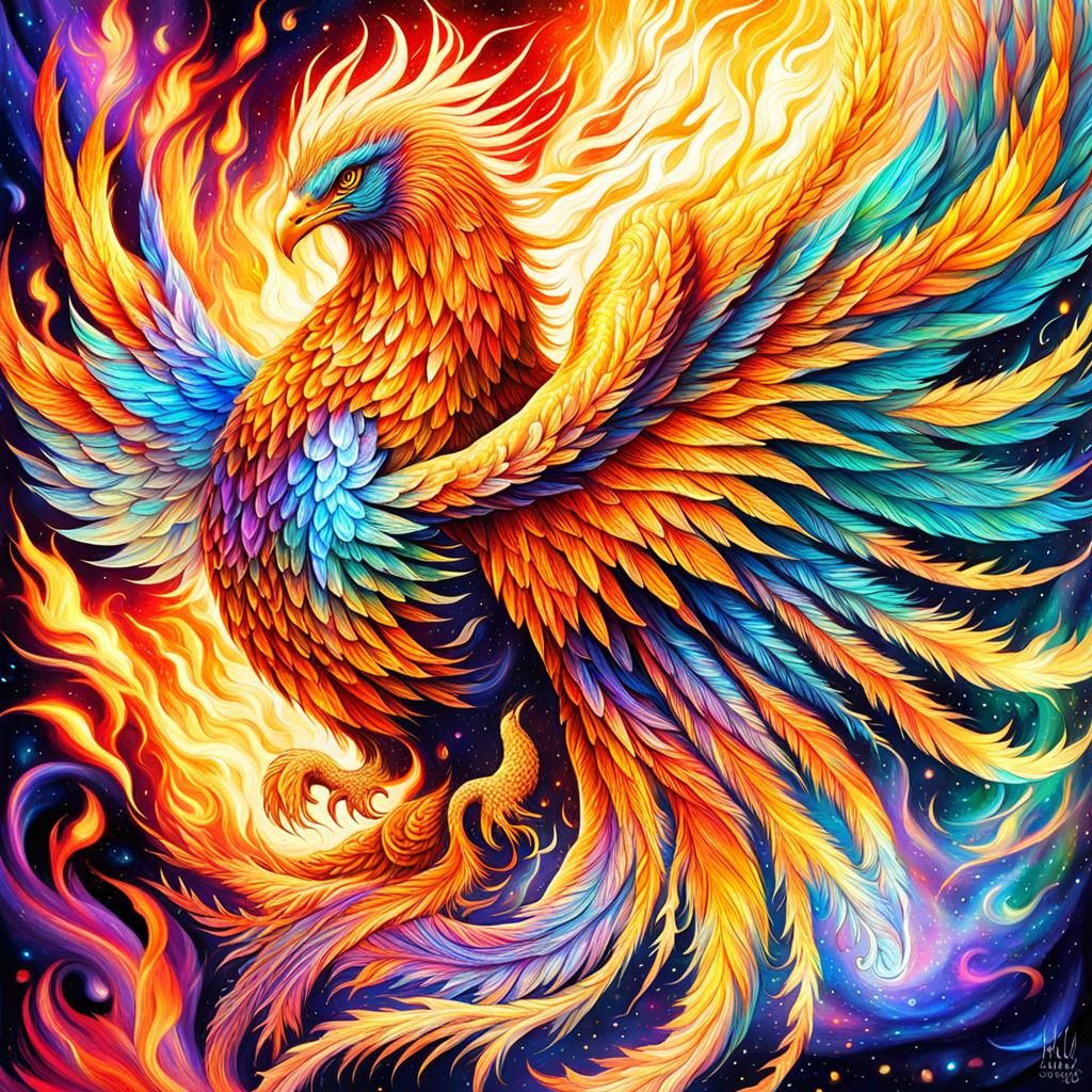 Mythical Phoenix Emerging: Holographic Cosmic Illustration