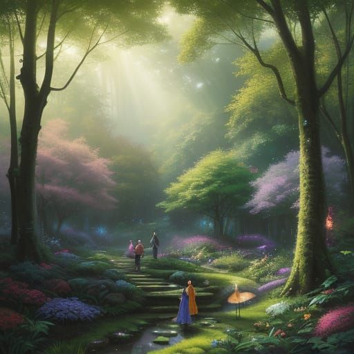 Idyllic Forest Scene in Whimsical Pastel Colors