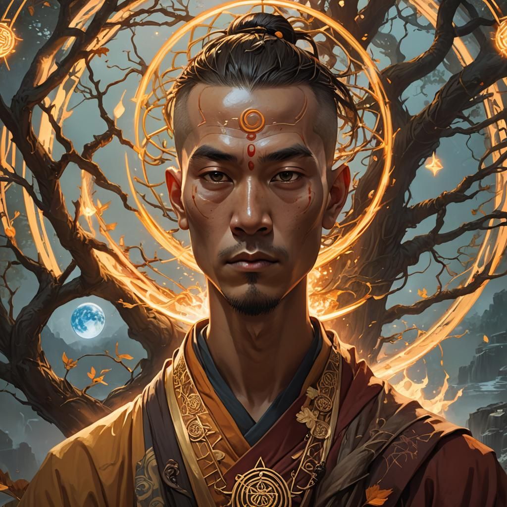 Serene Buddhist Monk Portrait with Pentacle