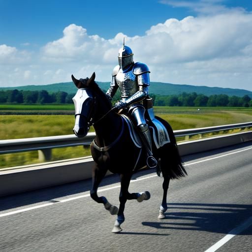 Knights Ride Motorway: AI-Generated Surreal Scene