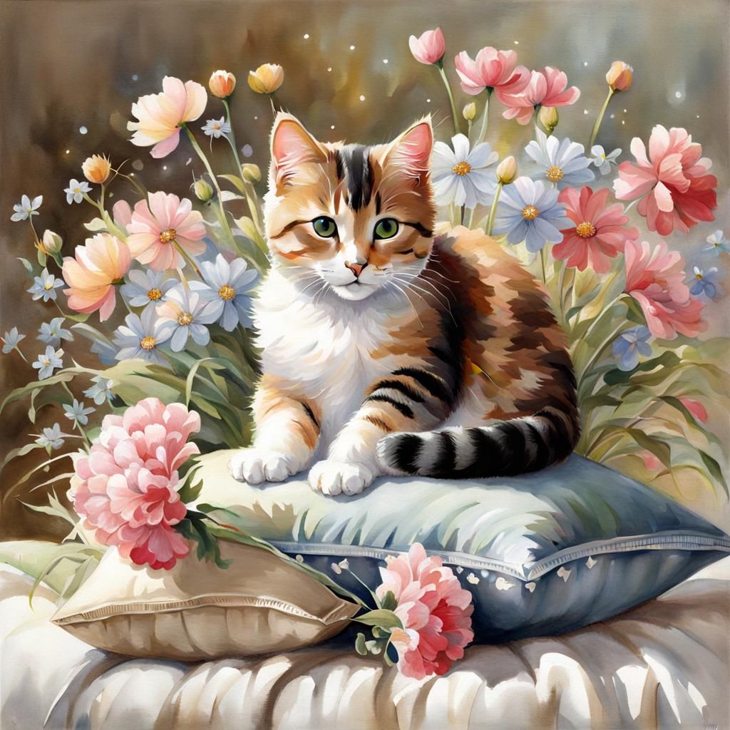 Cute Cat Surrounded by Flowers Illustration