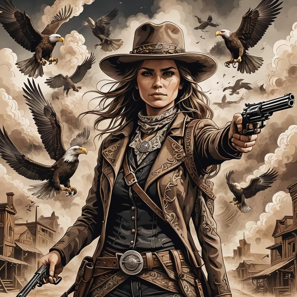 Female Gunslinger Ready for Duel in Wild West Town