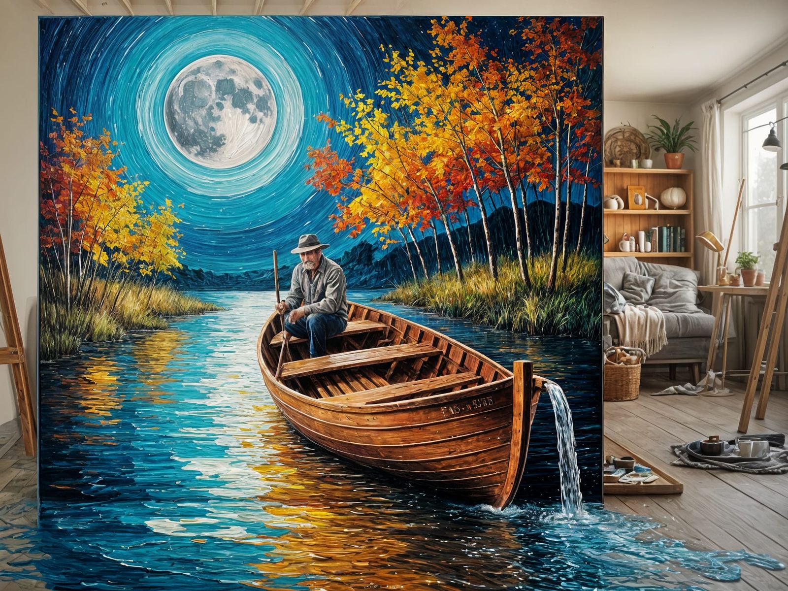 Impasto Oil Painting of Fisherman in Moonlit River