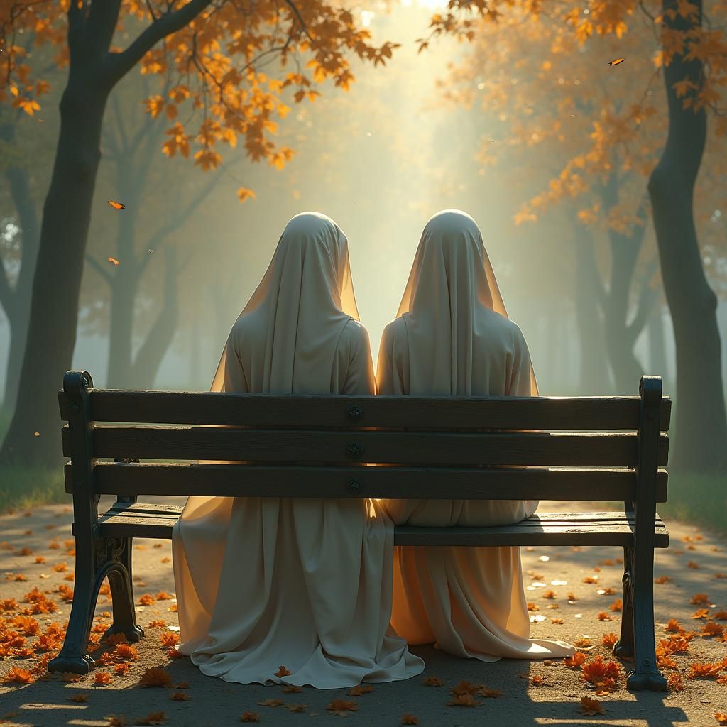 Serene Figures on Park Bench: Fantasy Matte Painting