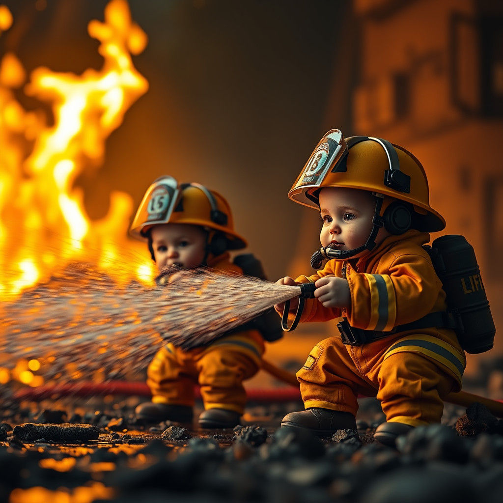 Babies as Firefighters Extinguishing Inferno in Matte Painti...