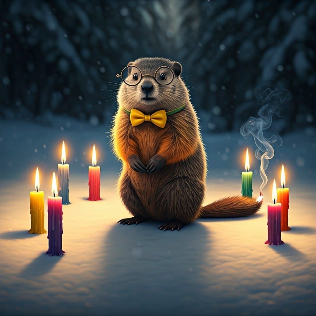 Groundhog with candles...uh oh his tail touched a candle!