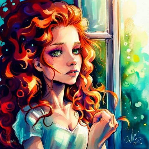 Ethereal Redhead Gazing Through Window, Anime Style