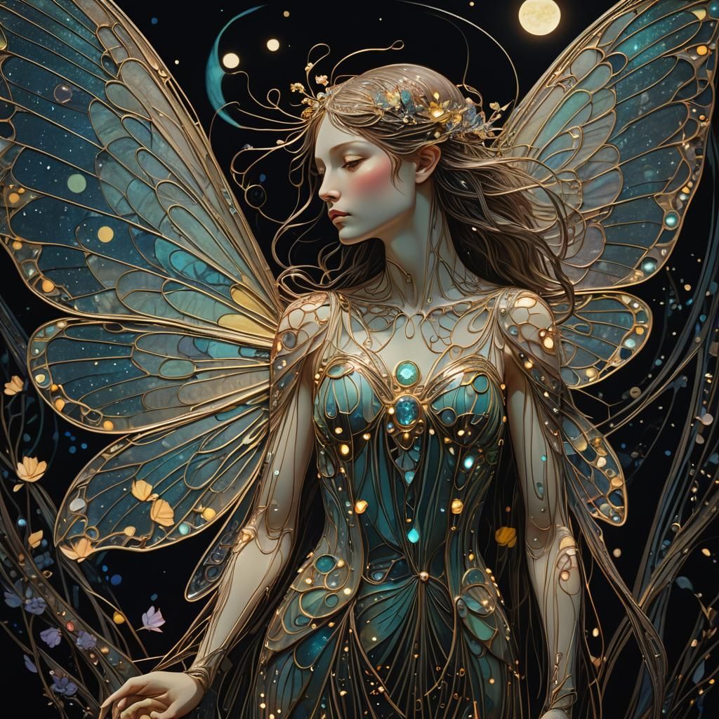 Neon Fairy in Art Nouveau Style