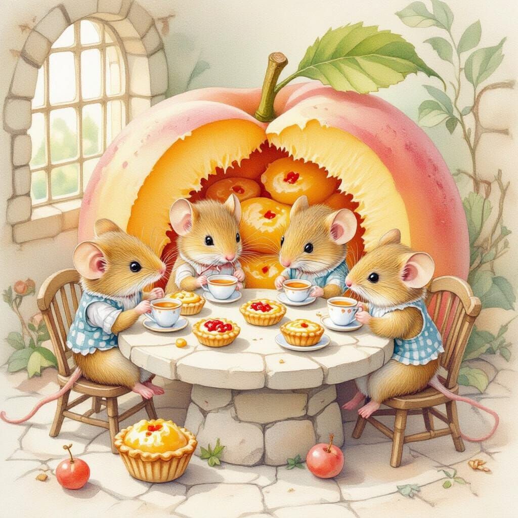 Whimsical Peach Bakery Scene with Harvest Mice