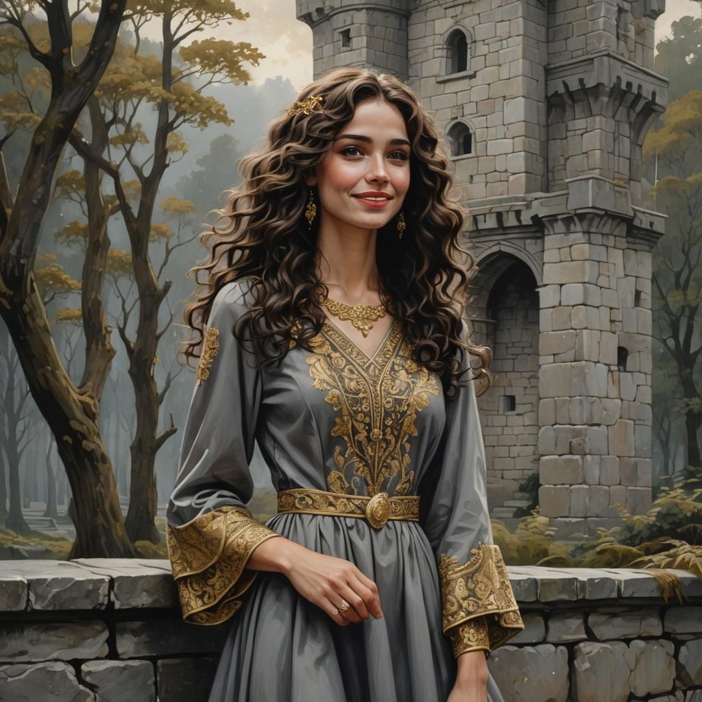 Young Woman in Grey Dress with Gold Embroidery