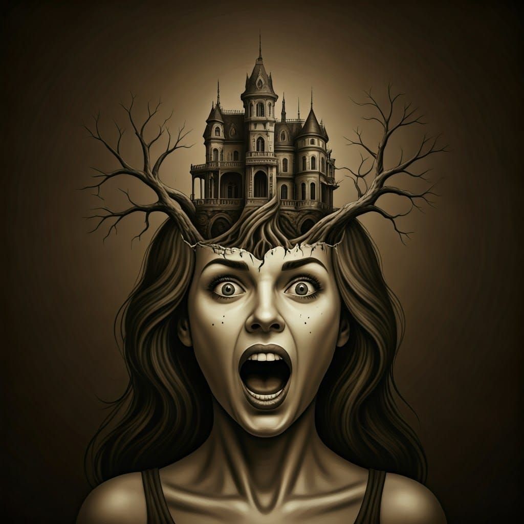 Surreal Woman Haunted by Twisted Victorian Mansion