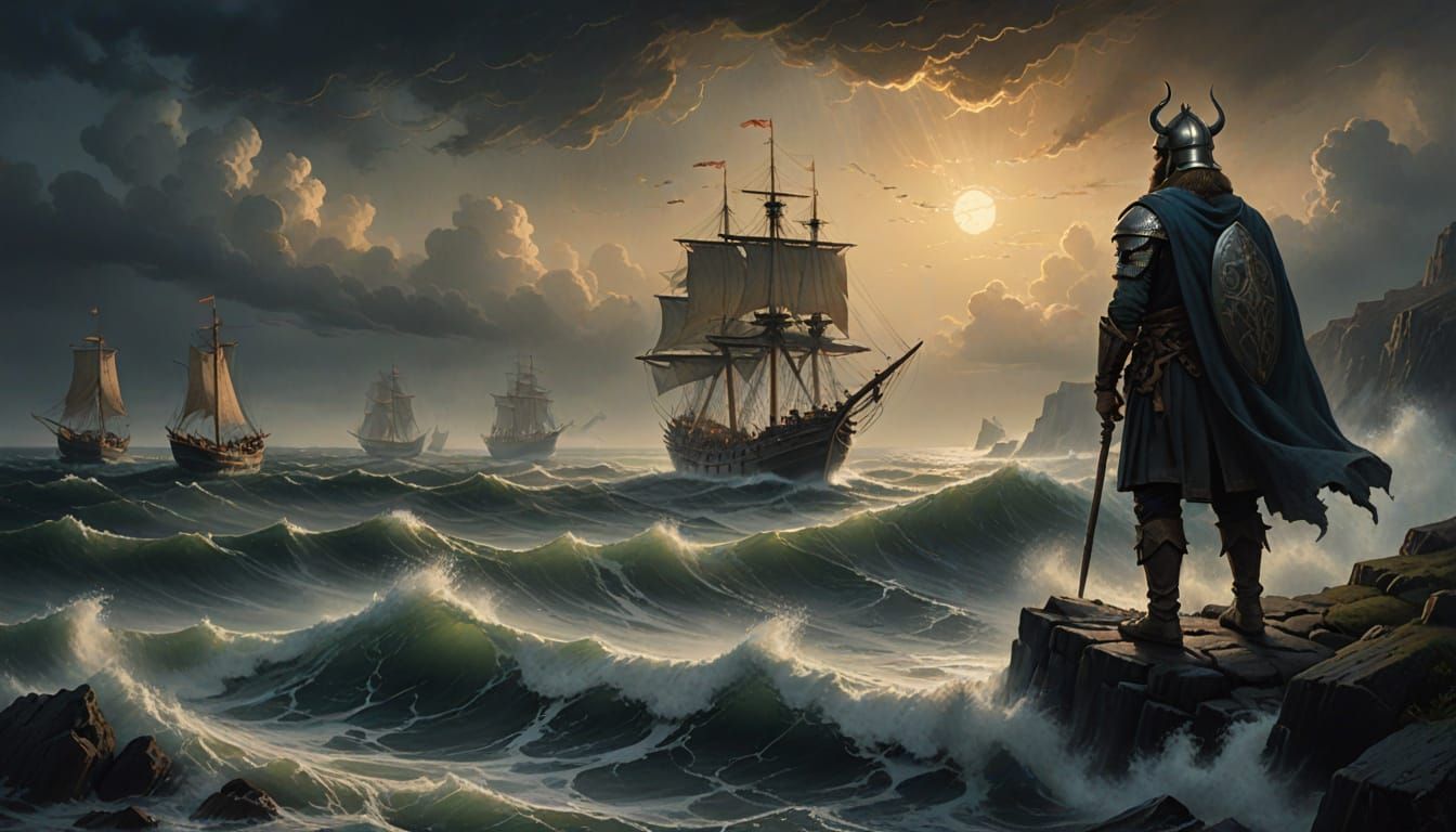Viking Warrior Gazing Out at Turbulent Sea in a Dark Stormy ...