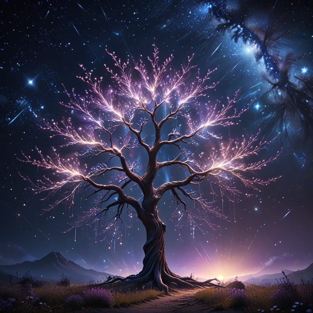 Ethereal Light Tree in a Starry Night Sky