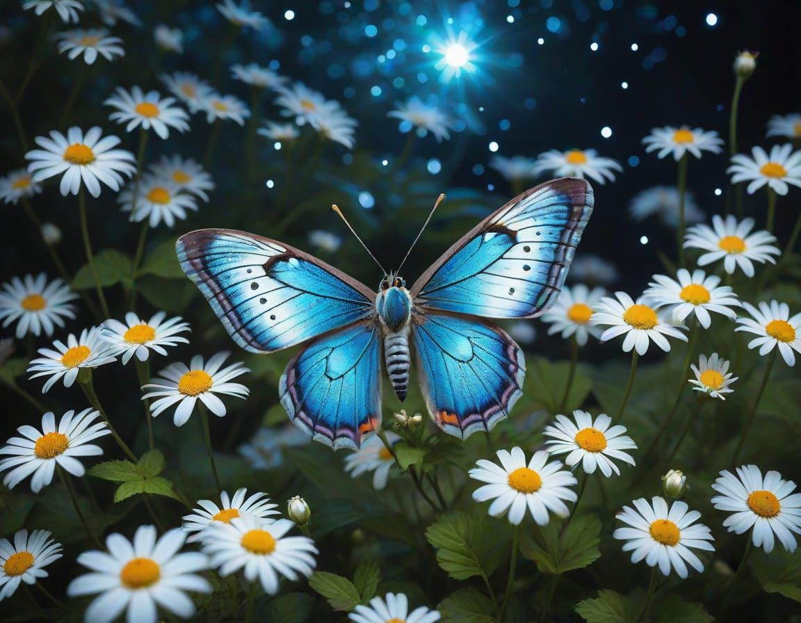 Glowing Moth Amidst Whimsical White Flowers in a Dreamlike G...