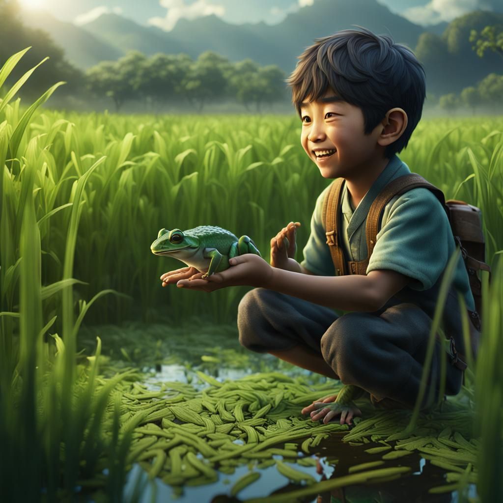 Excited Boy with Frog: Detailed Matte Painting