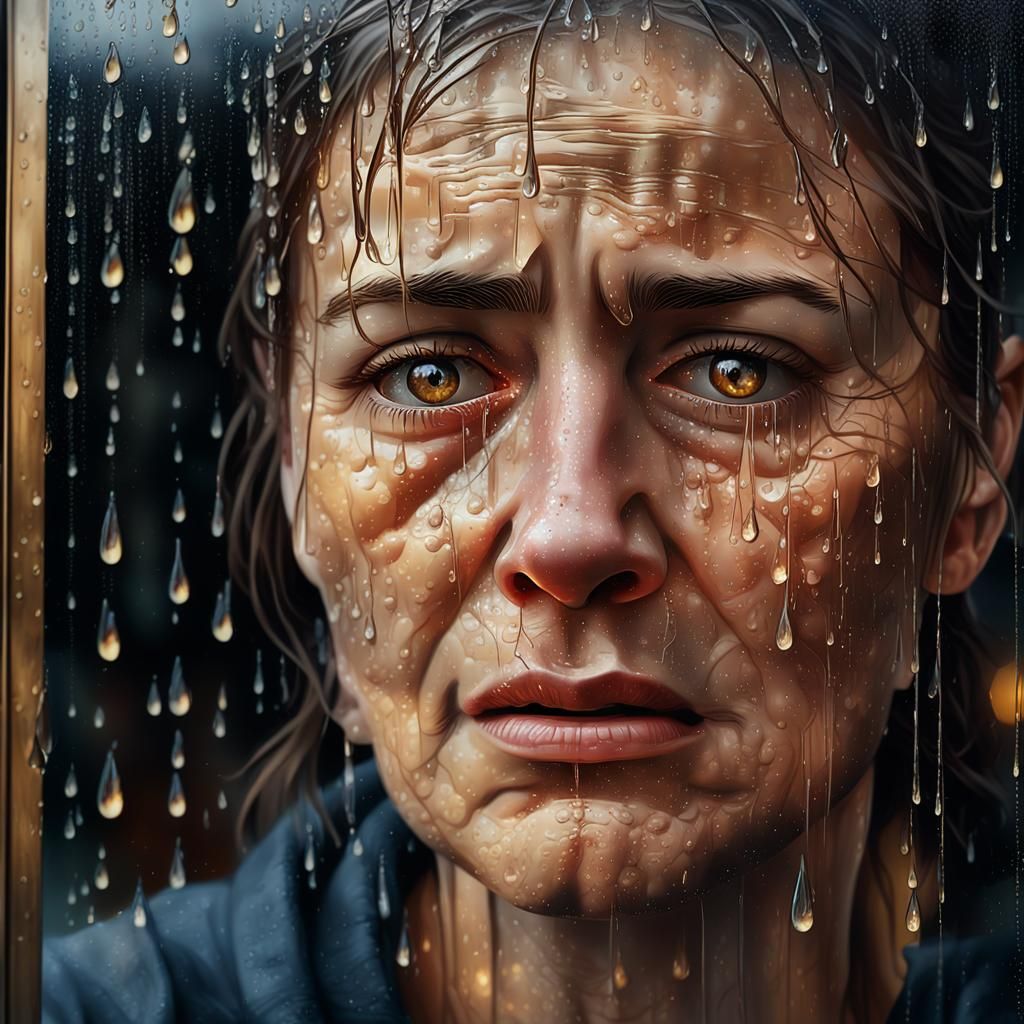 Crying Woman Behind Wet Window: Photorealistic Digital Art