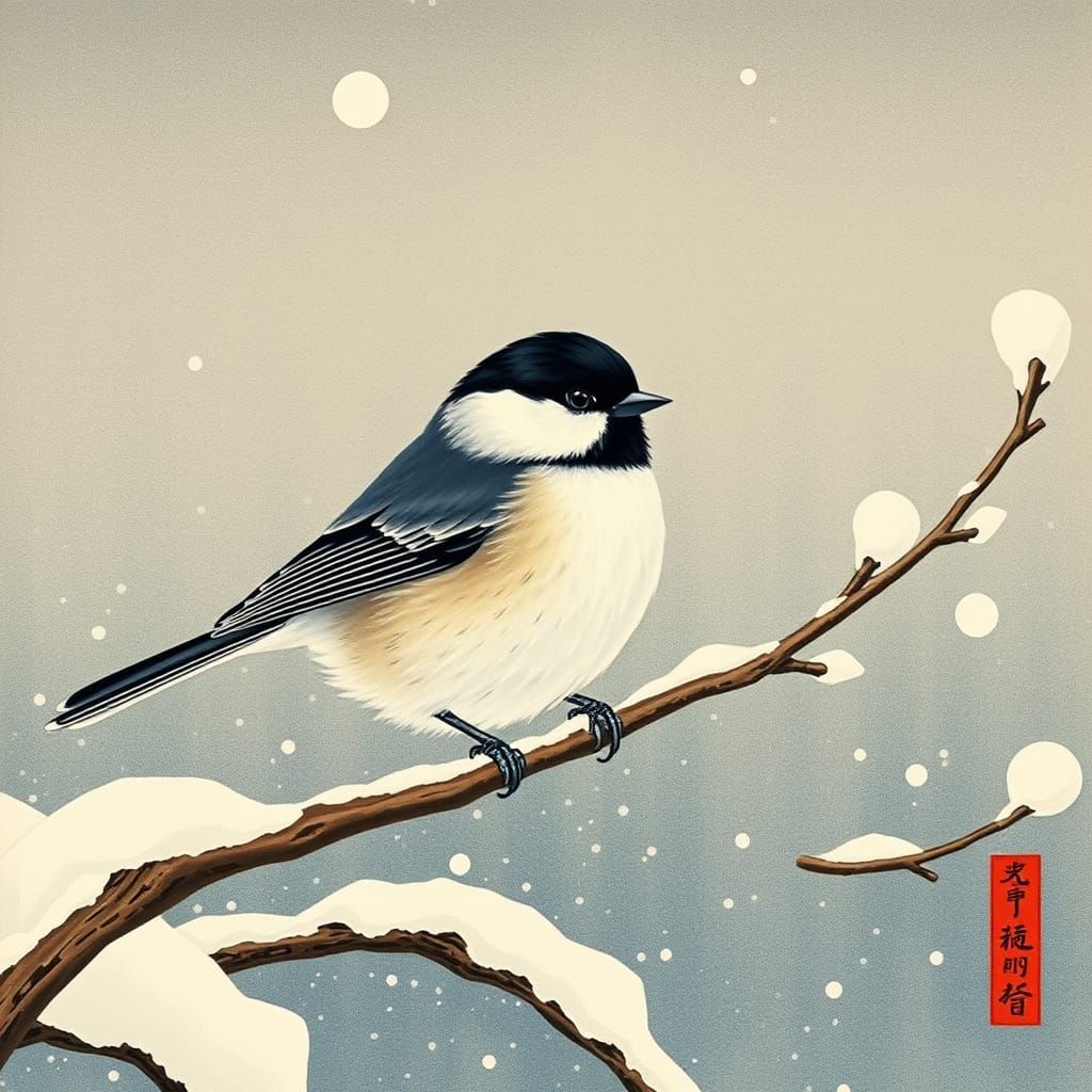Vibrant Winter Chickadee in Hyper-Realistic Style